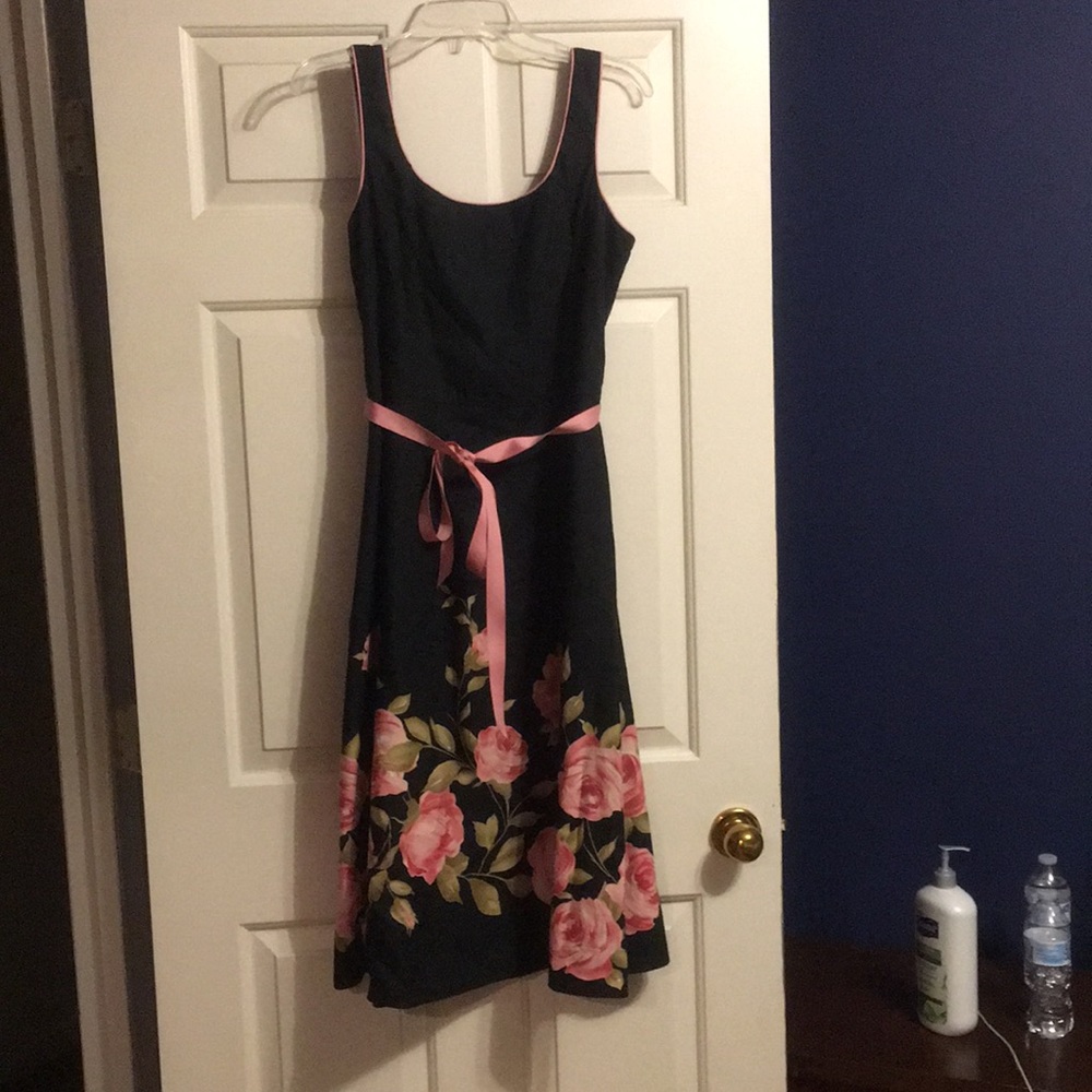 14 petite women’s black and pink floral dress and sweater set